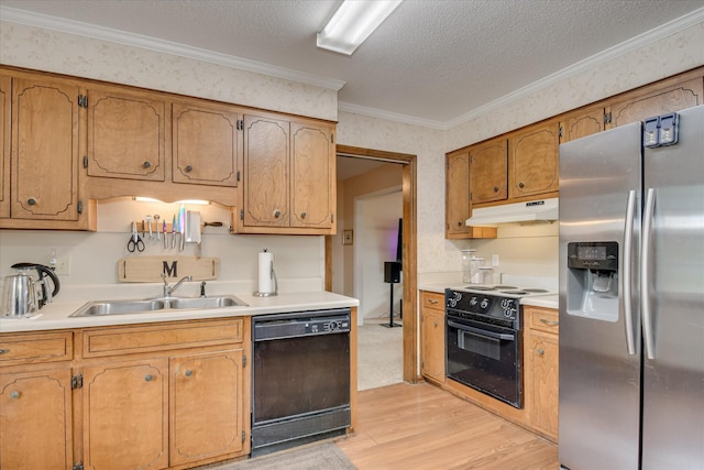 4056 Burning Tree Ln, Augusta, GA 30906 - kitchen featuring black appliances, under cabinet range hood, light wood-type flooring, a sink, and light countertops