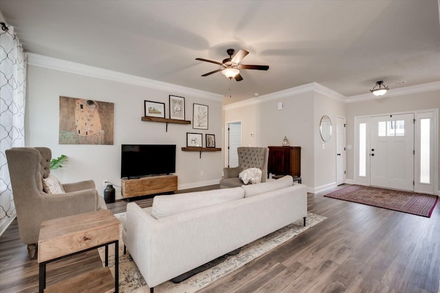 living room featuring hardwood / wood-style floors, ceiling fan, and ornamental molding