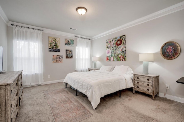 bedroom with light colored carpet, multiple windows, and ornamental molding