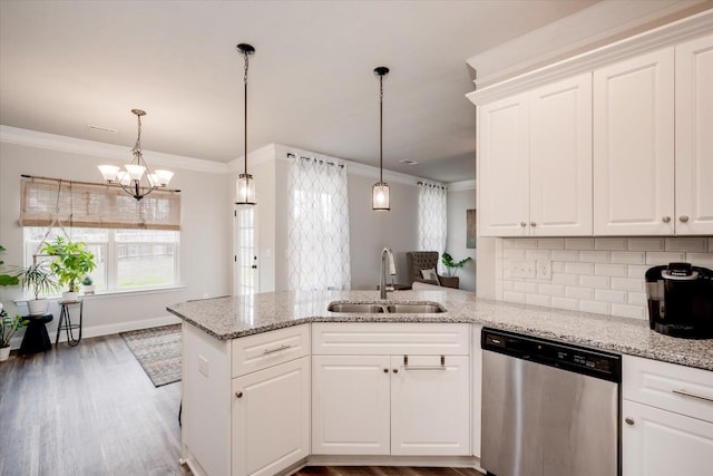 kitchen with white cabinets, kitchen peninsula, stainless steel dishwasher, and sink