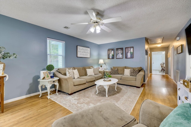 120 Stone St, Harlem, GA 30814 - living room with ceiling fan, a textured ceiling, light wood-type flooring, and attic access