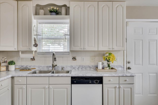 120 Stone St, Harlem, GA 30814 - kitchen featuring dishwasher, tasteful backsplash, light countertops, and white cabinetry