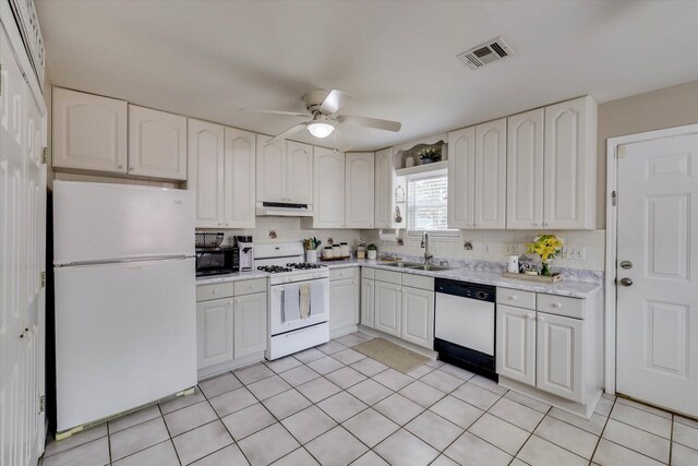 120 Stone St, Harlem, GA 30814 - kitchen featuring white appliances, light countertops, under cabinet range hood, a ceiling fan, and white cabinetry