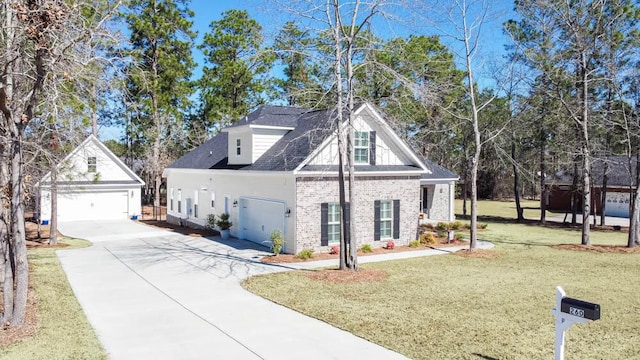 view of front of property with a garage, driveway, roof with shingles, a front lawn, and brick siding