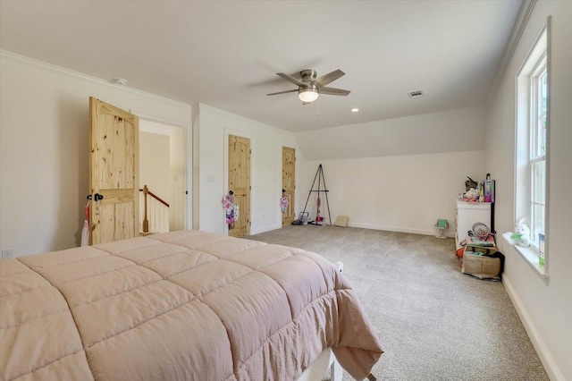 bedroom with light carpet, ceiling fan, and lofted ceiling