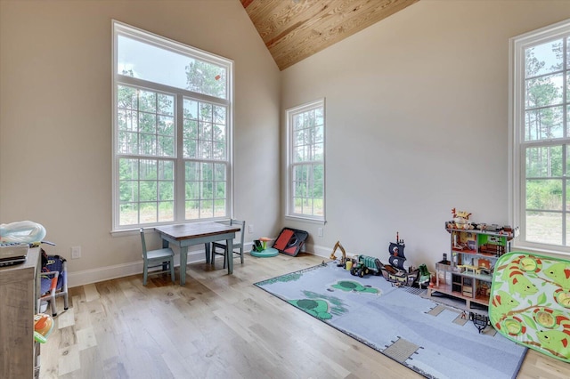 rec room featuring light wood-type flooring, vaulted ceiling, a wealth of natural light, and wood ceiling