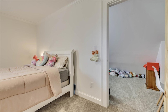 carpeted bedroom featuring ornamental molding