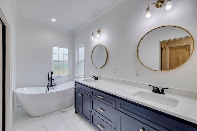 bathroom featuring a washtub, vanity, and ornamental molding