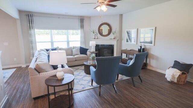 1257 Birch Cir, Grovetown, GA 30813 - living room with baseboards, ceiling fan, wood finished floors, and a glass covered fireplace