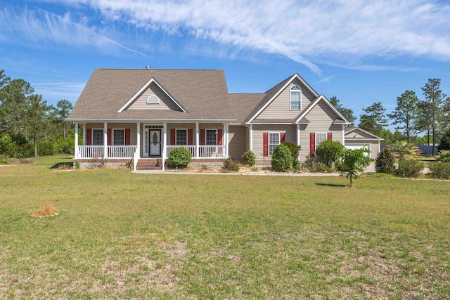 view of front of house featuring covered porch, a front yard, and roof with shingles
