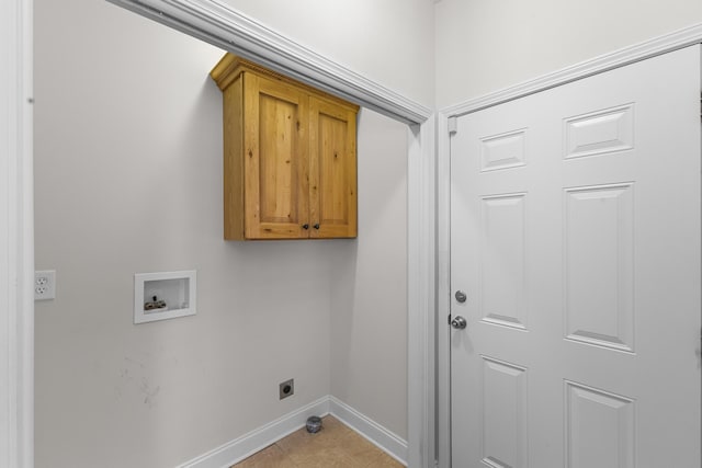 clothes washing area featuring cabinet space, electric dryer hookup, baseboards, and hookup for a washing machine