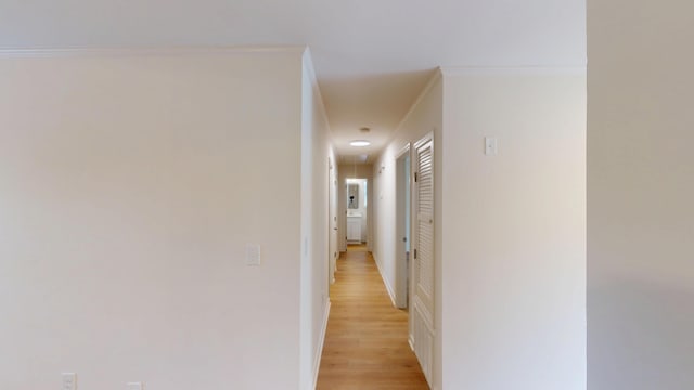 corridor featuring attic access and light wood finished floors