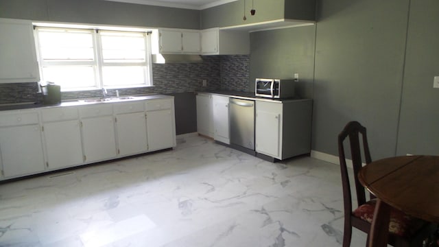 kitchen with white cabinetry, sink, stainless steel appliances, backsplash, and crown molding