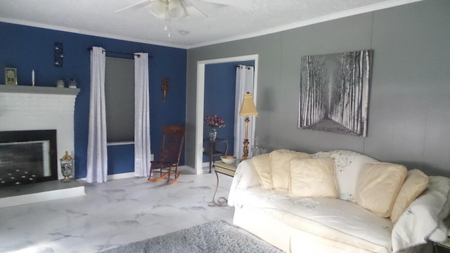 living room with ceiling fan and crown molding