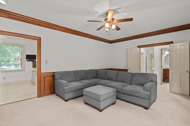4119 N Knollcrest Cir, Martinez, GA 30907 - living room featuring light colored carpet, ceiling fan, and crown molding