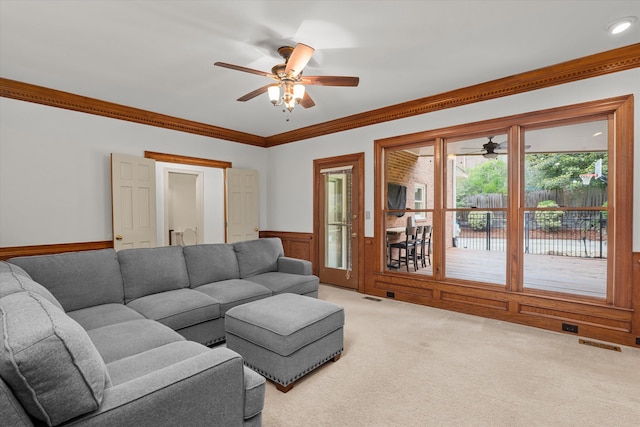 4119 N Knollcrest Cir, Martinez, GA 30907 - living room featuring a ceiling fan, light carpet, wainscoting, and ornamental molding