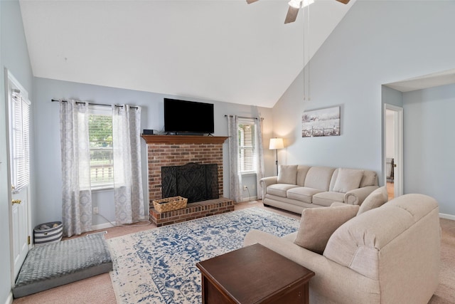 222 Canterbury Dr, Wrens, GA 30833 - carpeted living room featuring high vaulted ceiling, a ceiling fan, and a fireplace