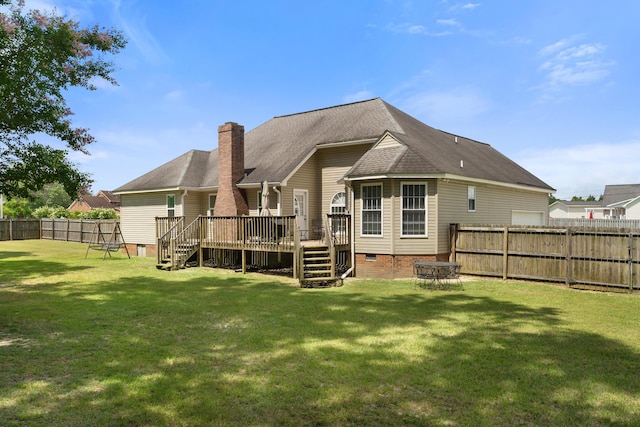 222 Canterbury Dr, Wrens, GA 30833 - rear view of house featuring stairway, a wooden deck, a fenced backyard, a chimney, and crawl space