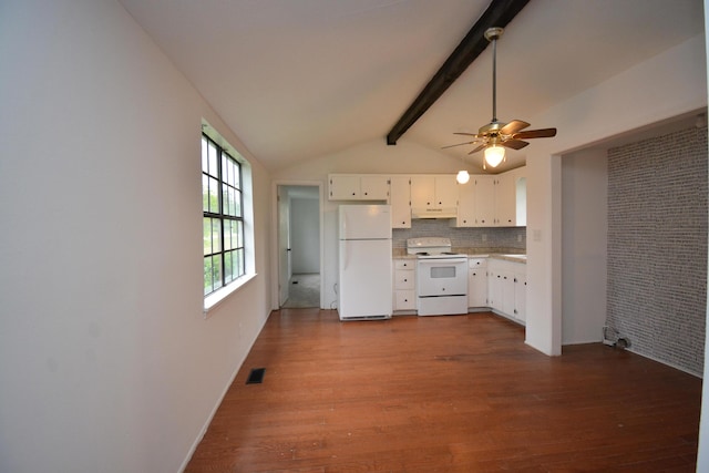 kitchen with ceiling fan, dark wood-type flooring, white appliances, decorative backsplash, and white cabinets