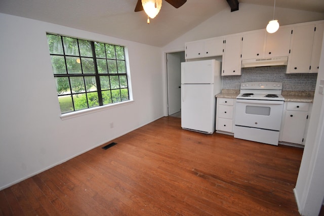 kitchen with hardwood / wood-style floors, white appliances, backsplash, ceiling fan, and white cabinetry