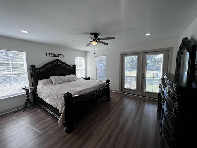 2786 Tudor Rd, Dearing, GA 30808 - bedroom with french doors, access to outside, recessed lighting, dark wood finished floors, and a ceiling fan