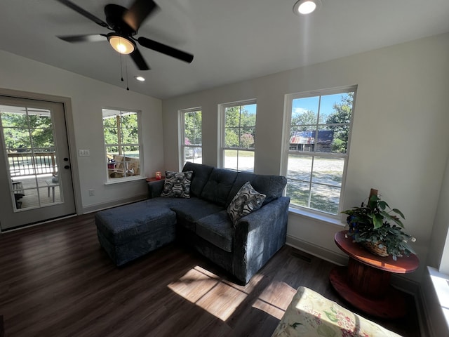 2786 Tudor Rd, Dearing, GA 30808 - living area featuring dark wood-style floors, healthy amount of natural light, ceiling fan, recessed lighting, and vaulted ceiling