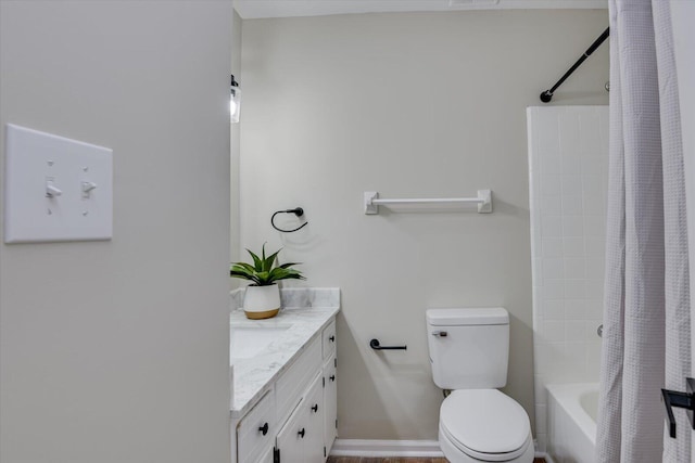 full bathroom featuring vanity, toilet, and shower / bathtub combination with curtain