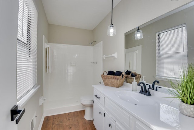 bathroom featuring a shower, wood-type flooring, vanity, and toilet