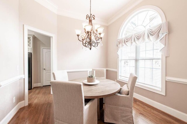 dining area featuring crown molding, wood finished floors, a wealth of natural light, and an inviting chandelier