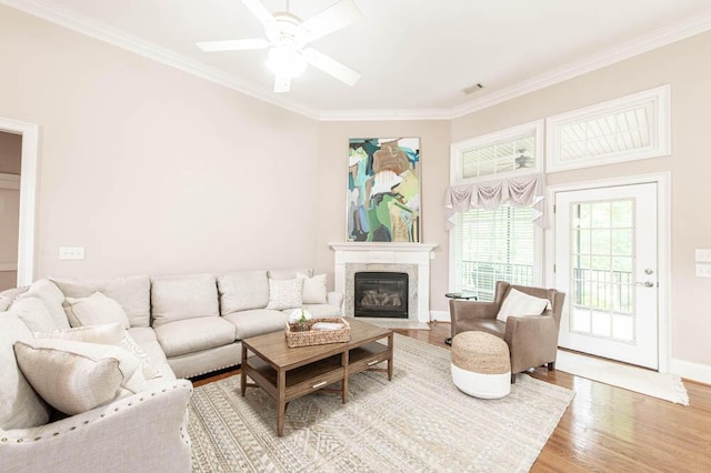 living area featuring crown molding, ceiling fan, baseboards, and light wood-style floors