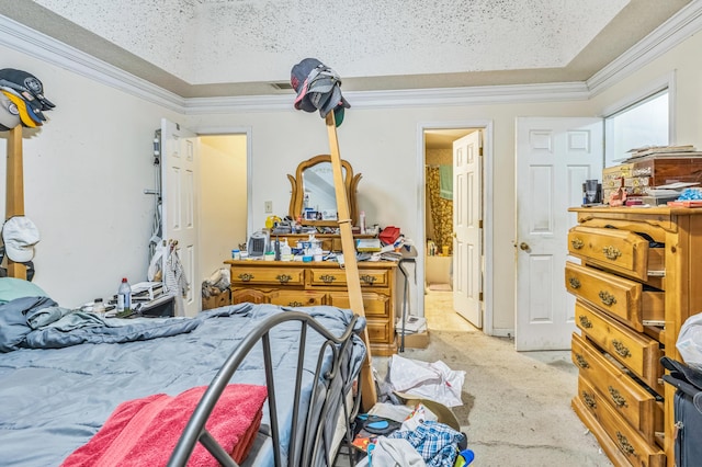 284 Mount Folly Rd, Augusta, GA 30907 - bedroom with light carpet, ornamental molding, connected bathroom, a textured ceiling, and a raised ceiling