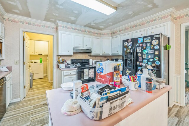 284 Mount Folly Rd, Augusta, GA 30907 - kitchen with black electric range oven, under cabinet range hood, fridge with ice dispenser, independent washer and dryer, and light wood finished floors