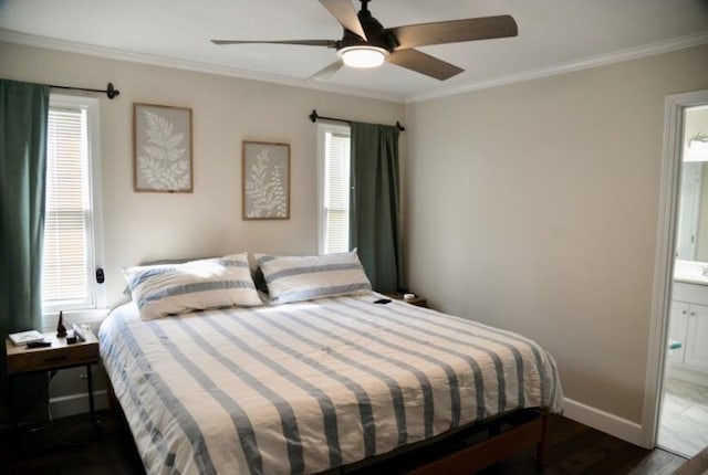 505 Ridgeland Dr, Sandersville, GA 31082 - bedroom with multiple windows, ornamental molding, wood finished floors, ensuite bathroom, and a ceiling fan