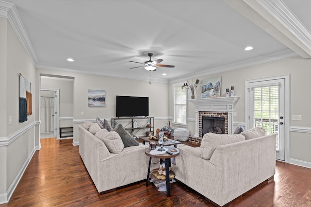 1206 Arcilla Pt, Martinez, GA 30907 - living area featuring a ceiling fan, healthy amount of natural light, a fireplace, dark wood-style flooring, and recessed lighting