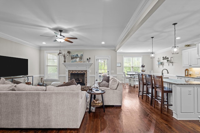 1206 Arcilla Pt, Martinez, GA 30907 - living area featuring plenty of natural light, a ceiling fan, dark wood finished floors, recessed lighting, and a fireplace