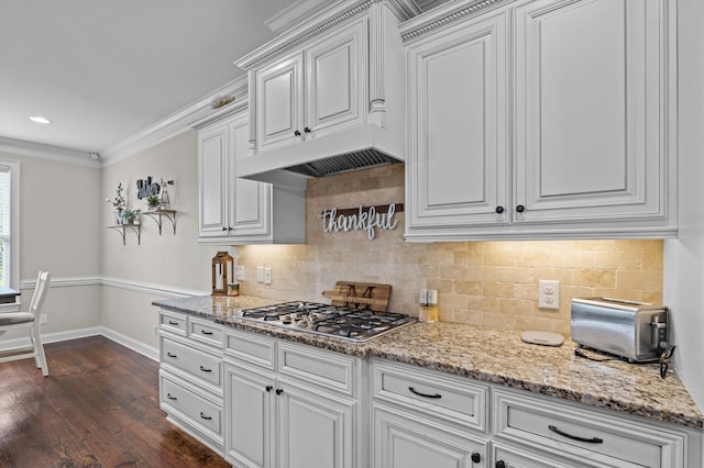 1206 Arcilla Pt, Martinez, GA 30907 - kitchen featuring stainless steel gas cooktop, baseboards, dark wood-style floors, white cabinetry, and premium range hood