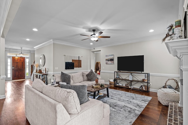 1206 Arcilla Pt, Martinez, GA 30907 - living room featuring recessed lighting, a ceiling fan, dark wood finished floors, baseboards, and crown molding