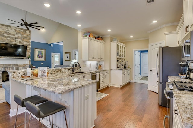 106 Bereau Dr, Mccormick, SC 29835 - kitchen featuring ceiling fan, a breakfast bar area, stainless steel appliances, open floor plan, and a peninsula
