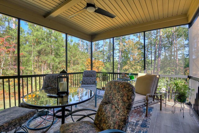 sunroom / solarium featuring beamed ceiling, wooden ceiling, ceiling fan, and a healthy amount of sunlight