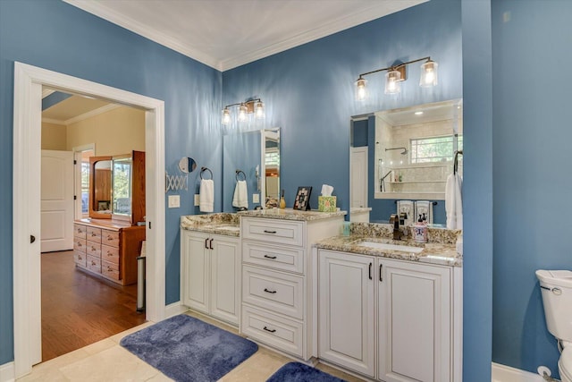 106 Bereau Dr, Mccormick, SC 29835 - bathroom with ornamental molding, two vanities, plenty of natural light, toilet, and a shower