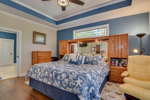 bedroom with a raised ceiling, ceiling fan, dark hardwood / wood-style flooring, and ornamental molding