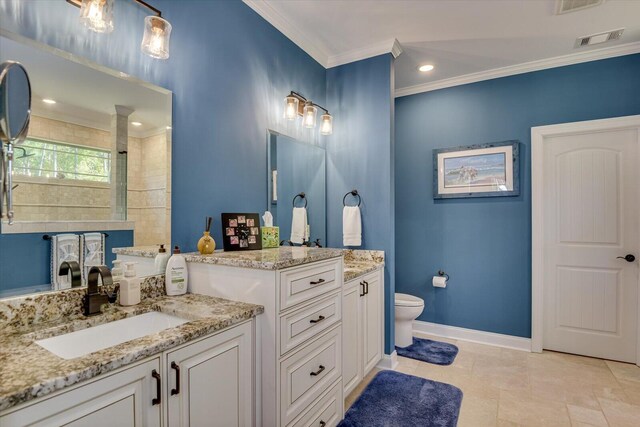 bathroom featuring walk in shower, crown molding, vanity, and toilet