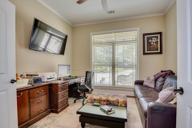 106 Bereau Dr, Mccormick, SC 29835 - home office featuring ceiling fan, ornamental molding, and light carpet