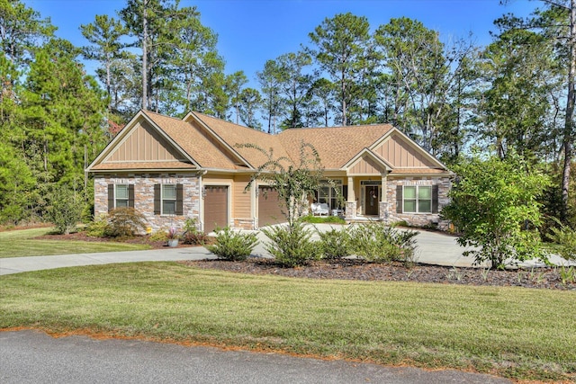 106 Bereau Dr, Mccormick, SC 29835 - craftsman-style home featuring stone siding, board and batten siding, driveway, an attached garage, and a front yard