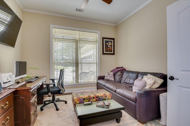 office space with ceiling fan and crown molding