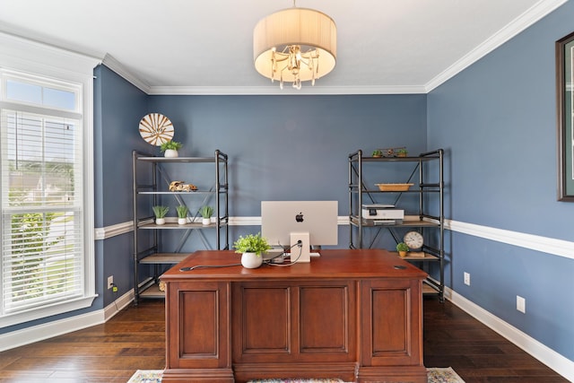 2224 Fothergill Dr, Evans, GA 30809 - home office featuring dark wood-style flooring, baseboards, and crown molding