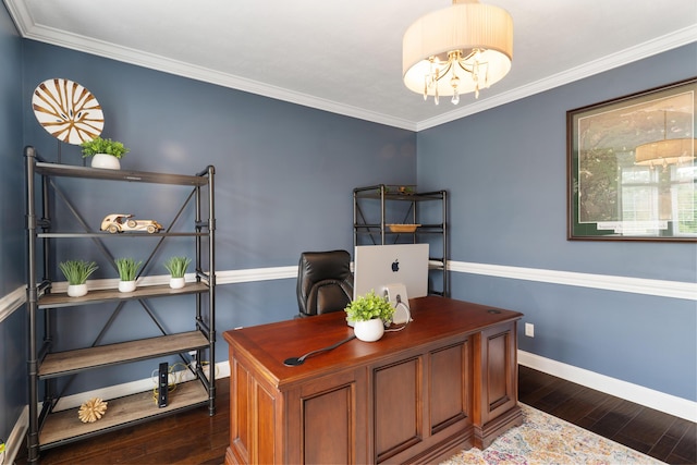2224 Fothergill Dr, Evans, GA 30809 - office featuring dark wood-type flooring, baseboards, a chandelier, and crown molding