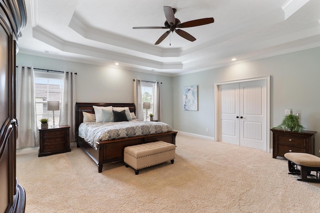 2224 Fothergill Dr, Evans, GA 30809 - bedroom featuring a tray ceiling, light carpet, crown molding, ceiling fan, and recessed lighting