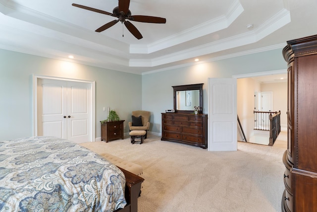 2224 Fothergill Dr, Evans, GA 30809 - bedroom featuring light colored carpet, ornamental molding, a raised ceiling, a ceiling fan, and recessed lighting