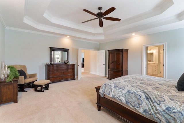 2224 Fothergill Dr, Evans, GA 30809 - bedroom with a tray ceiling, light colored carpet, ornamental molding, ceiling fan, and recessed lighting